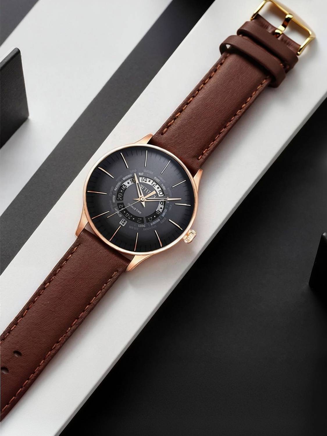 Titan World Time Black Dial Brown Leather Men's Watch - Image 2