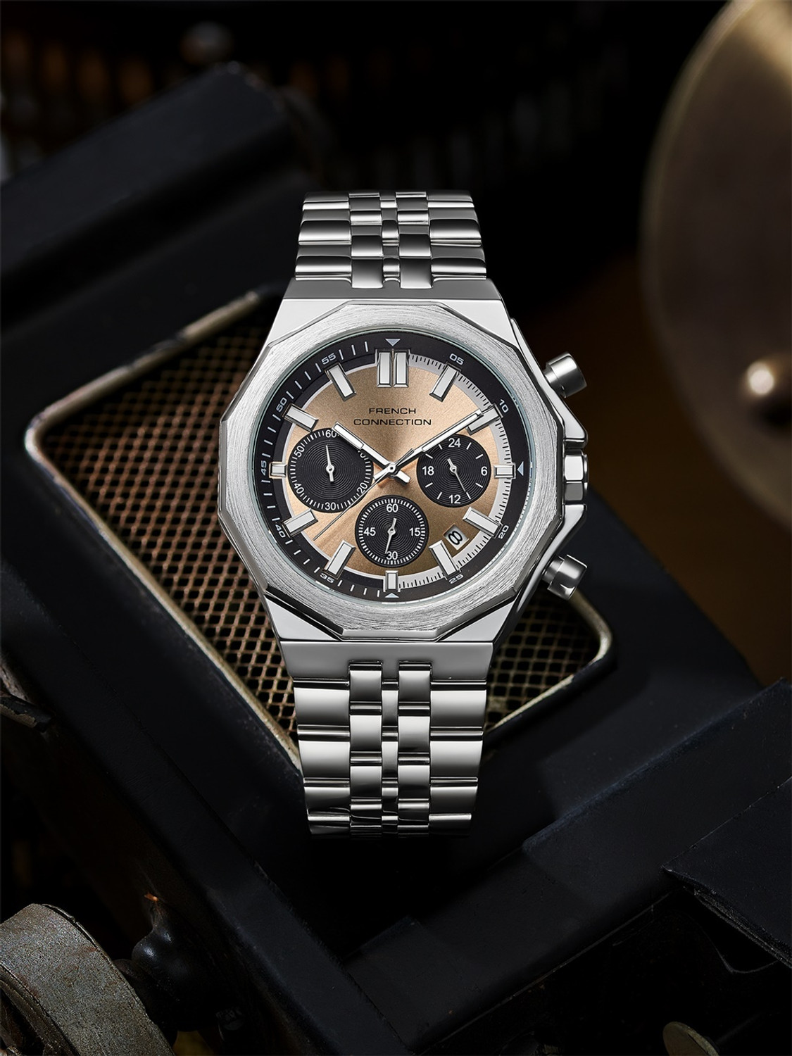 Image of French Connection CROWNEX Beige Sunray Round Dial | Silver Stainless steel Chronograph Watch for Men Analog Watch - For Men