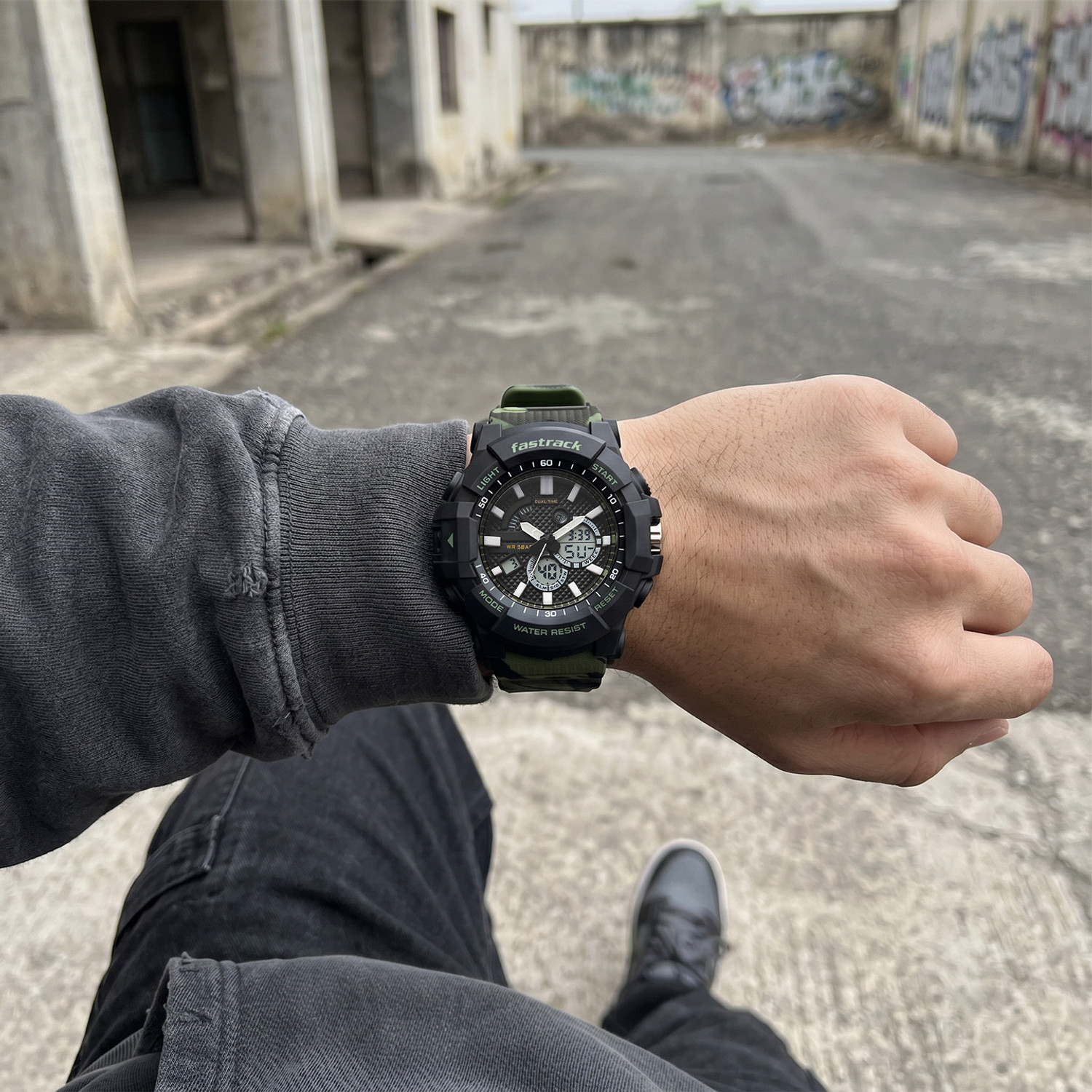 Image of Fastrack Streetstyle 6 Fastrack Streetstyle 6 Ana Digi Black Dial Camo Green Polyether Strap Analog-Digital Watch - For Men