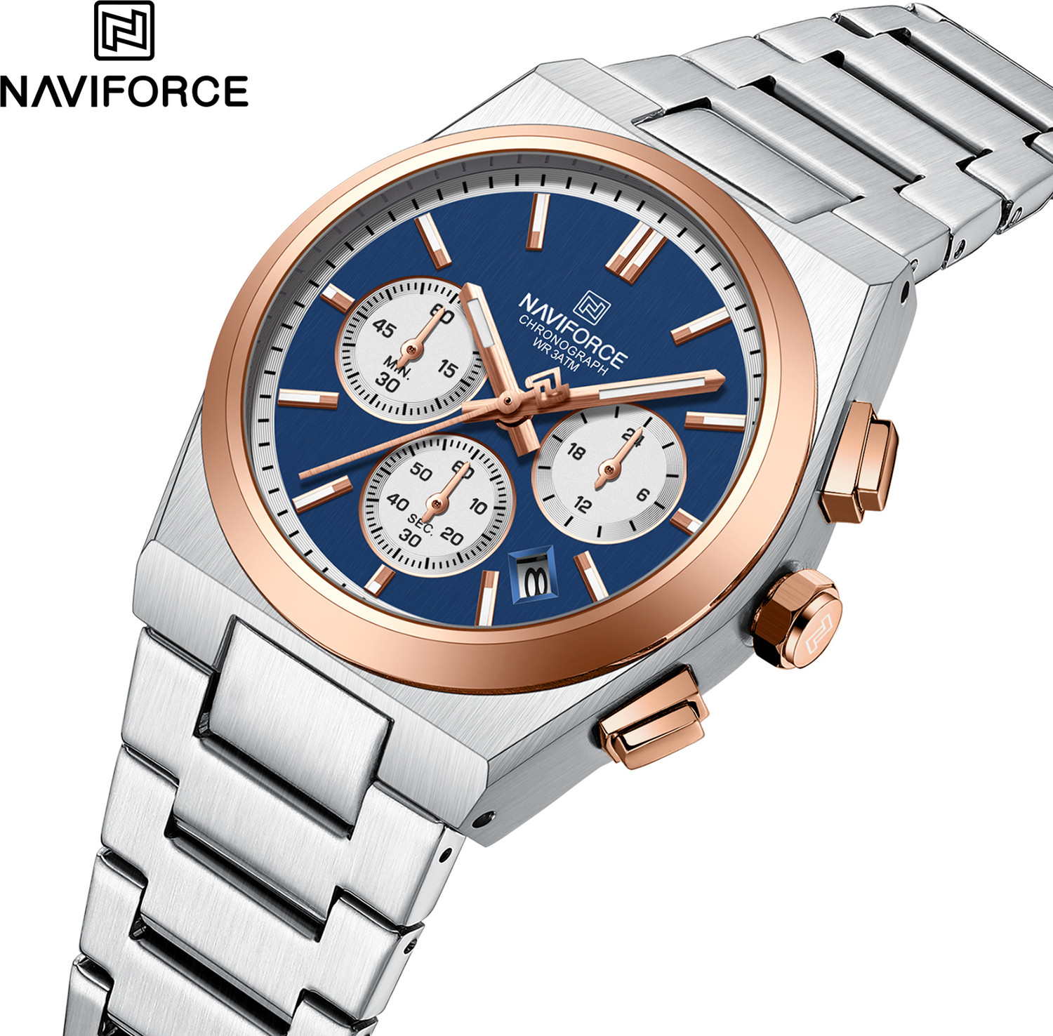 Image of NAVIFORCE NF8048 Couple Silver & Rosegold with blue chronograph dial stainless steel strap Analog Watch - For Couple