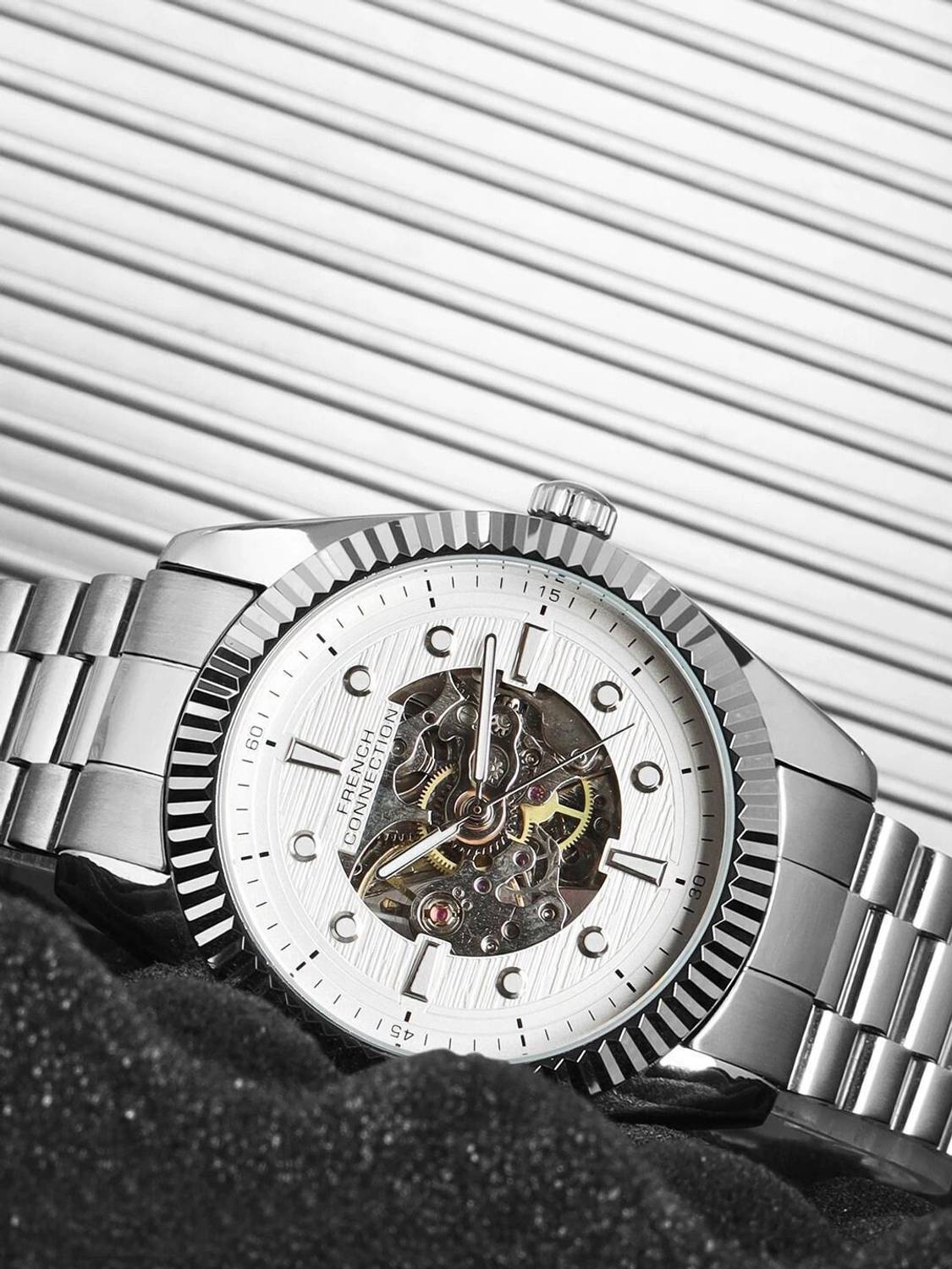 French Connection Men's Silver Textured Automatic Watch - Image 5