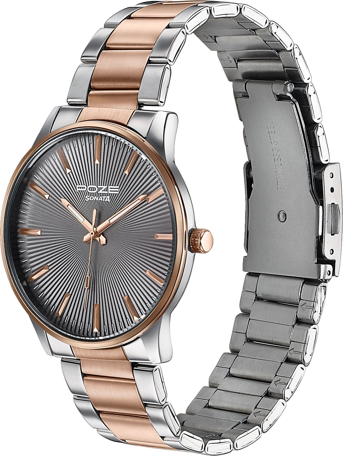 Image of SONATA Poze 8 Sonata Poze 8 Quartz Grey Dial IP Rose Gold Stainless Steel Strap Analog Watch - For Men