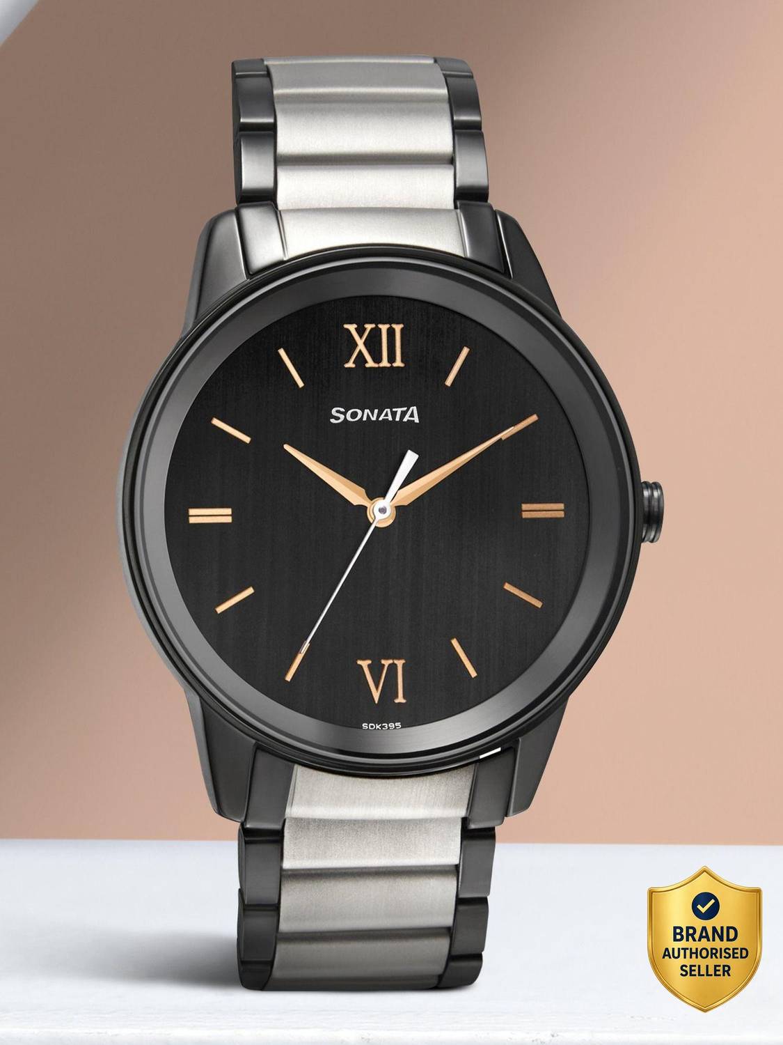 Sonata NP7133KM03 Beyond Gold Black Dial Silver & Black Metal Strap