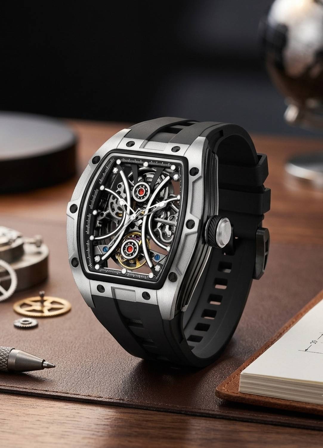 Alix AL2922 Tourbillon Silver Skeleton Dial Silicon Strap Watch - Image 2