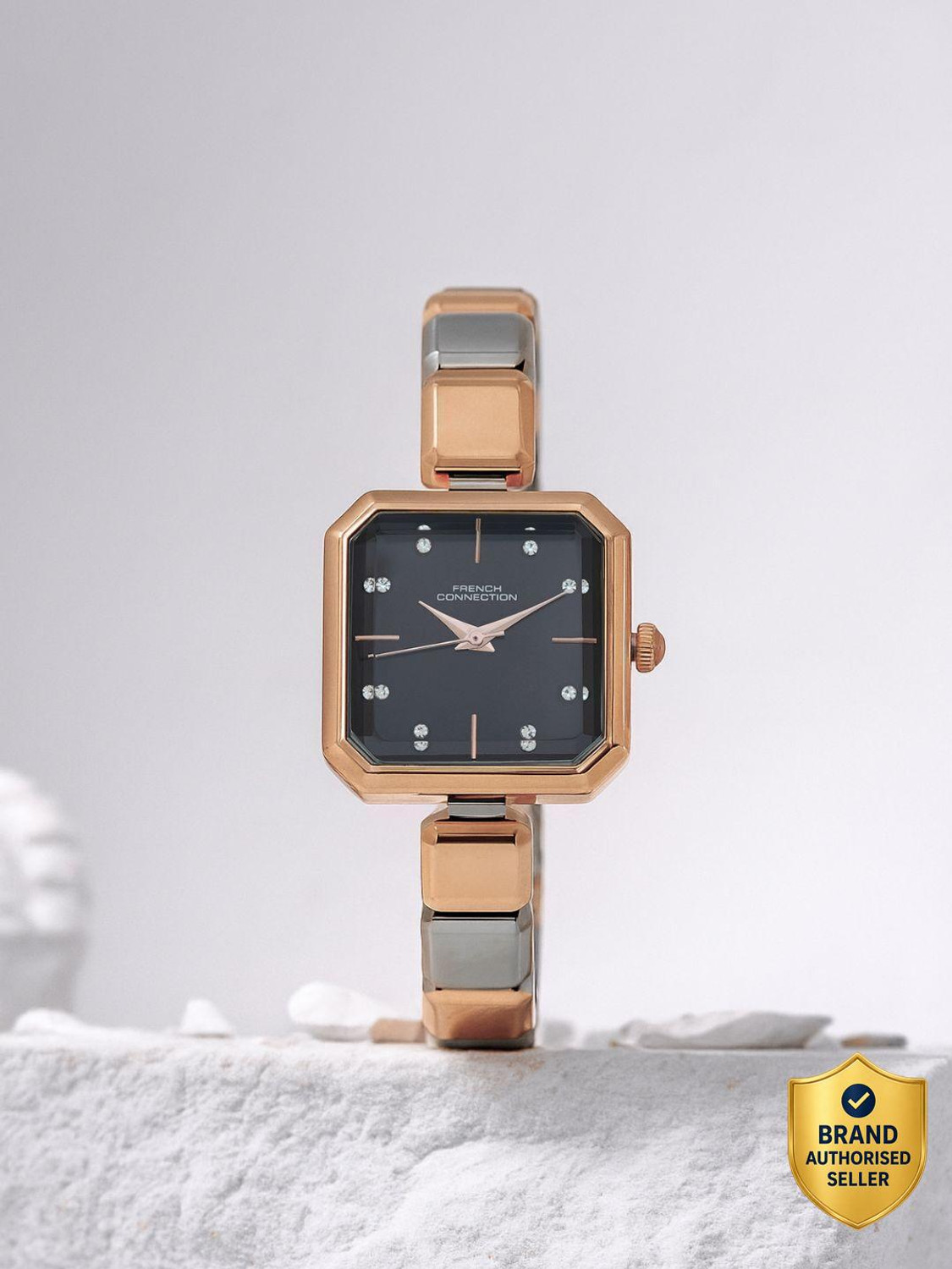 Image of French Connection Rhinestone Black Sunray Dial | Women's Rose Gold Analog Watch Analog Watch - For Women