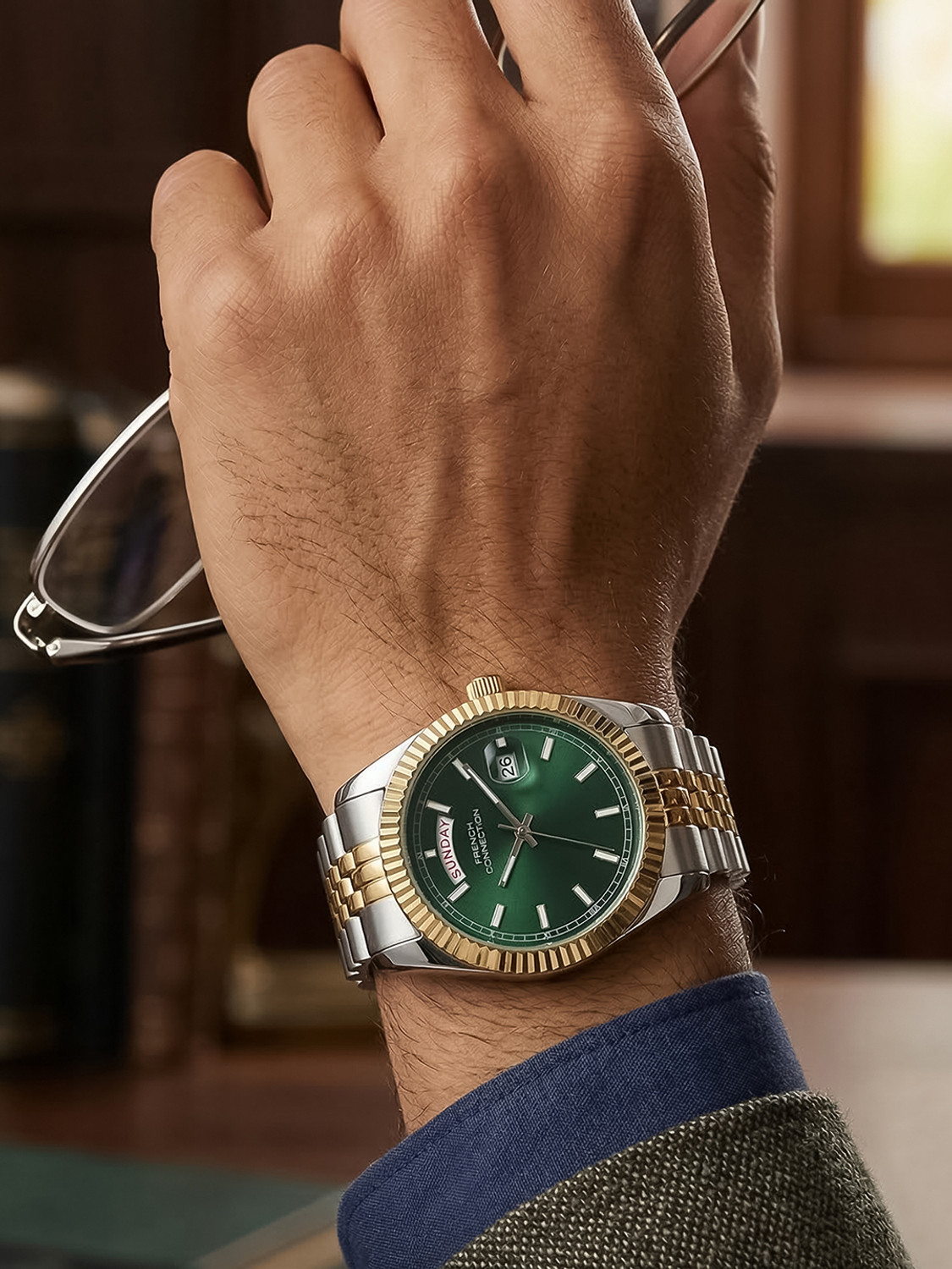 Image of French Connection Green Day and Date Modern Dial | Two-tone Stainless Steel Watch for Men Analog Watch - For Men FCND10NTM