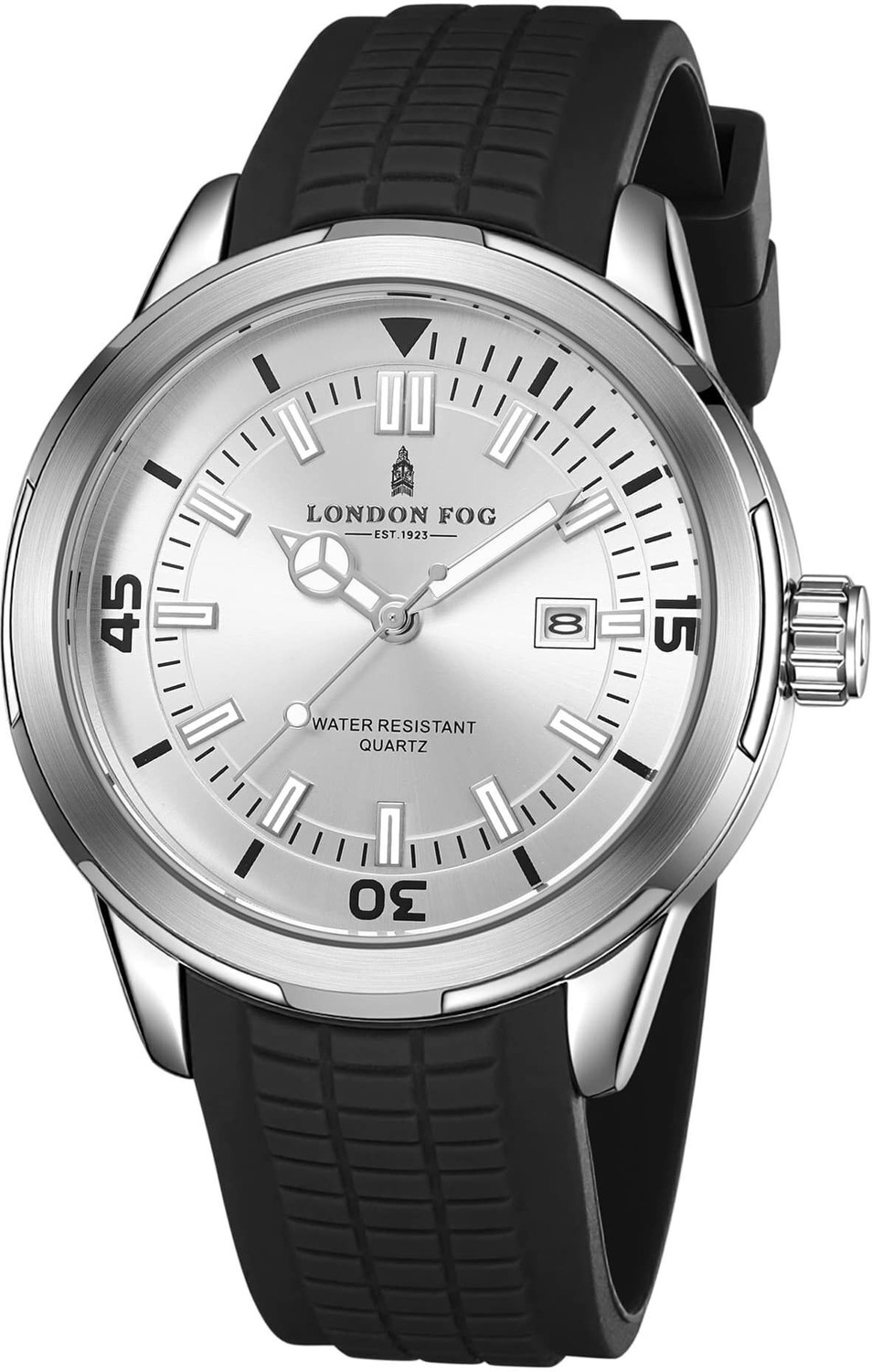 Image of London Fog White Dial Black Silicone Strap Round Metal Case Date Display Luminous Marker Duke Collection White Dial Black Silicone Strap Round Date Luminous Marker Analog Watch - For Men