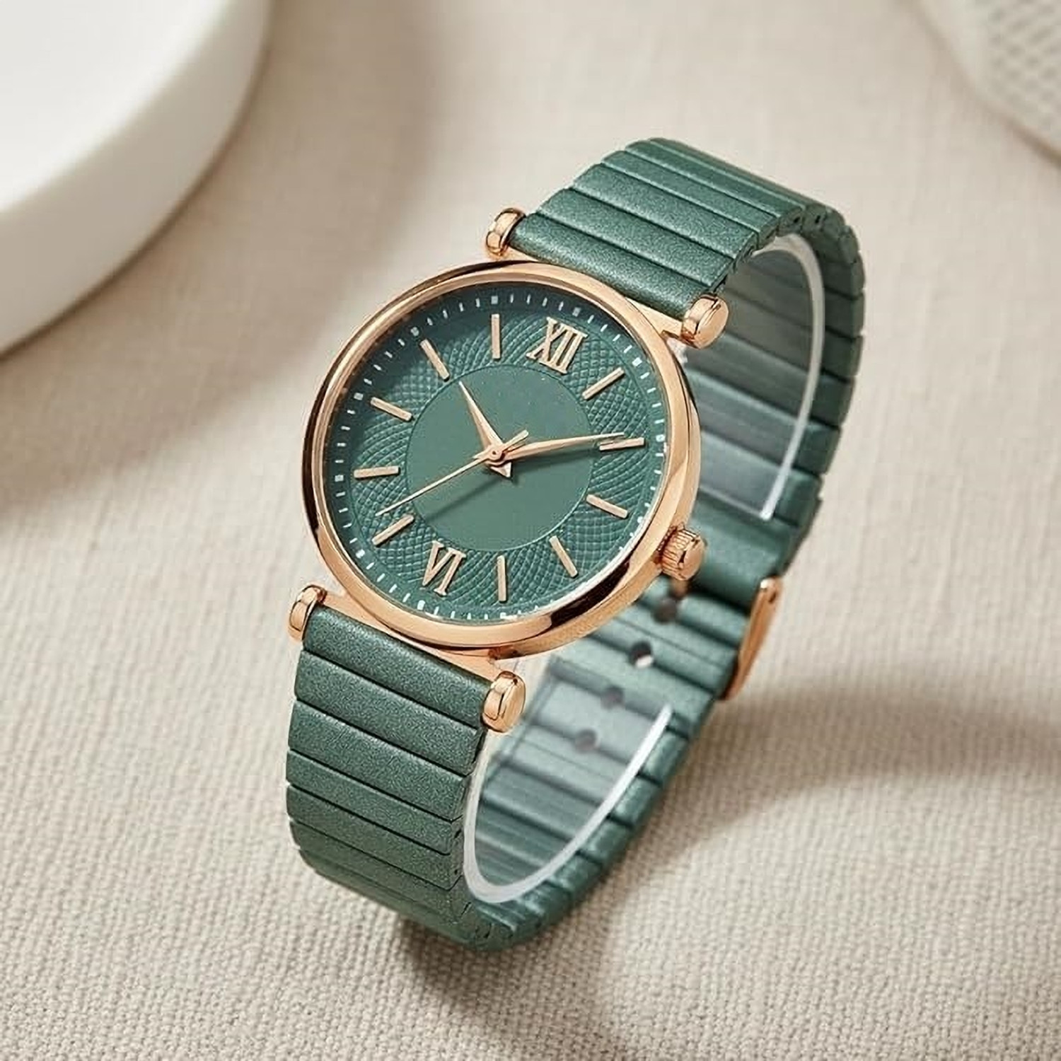 Image of Rixan Green Dial Analog Watch for Women & Girls | Rose Gold Case Analog Watch - For Women Stylish Designer Metal Strap Watch