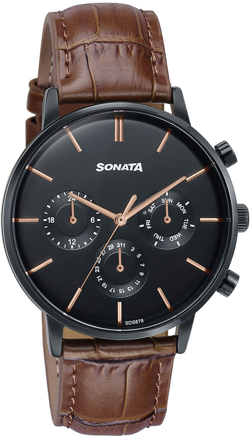 Image of SONATA Festive 2.0 Ph II Sonata Festive 2.0 Quartz Black & gold Dial Brown Leather Strap Analog Watch - For Men