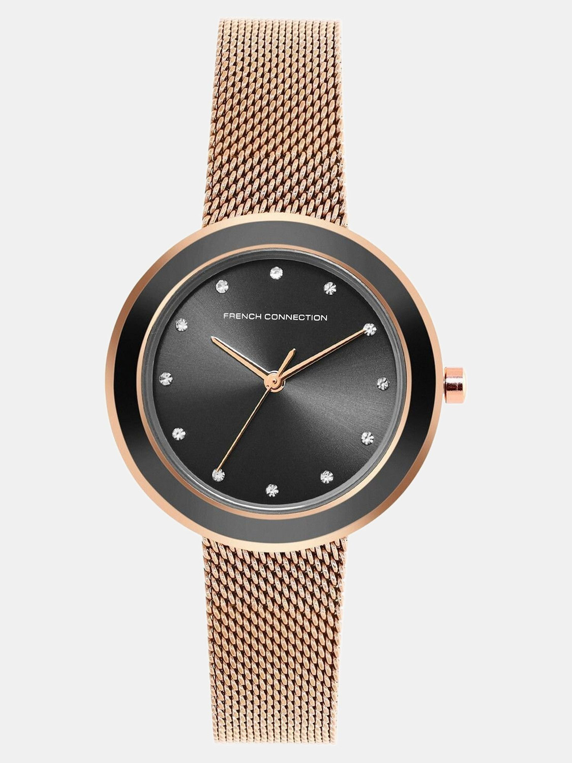 Image of French Connection Rhinestones Black Sunray Round Dial | Women Rose Gold Mesh Strap Analog Watch - For Women