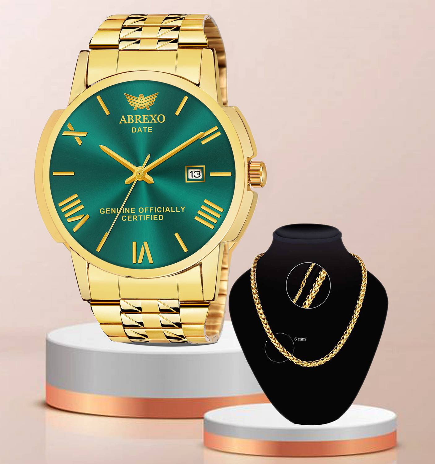 ABREXO Abx1220-GD Gold Day & Date Working Watch New Trending Combo Golden Day & Date Working Watch with Golden Chain For Boys Analog Watch - For Men
