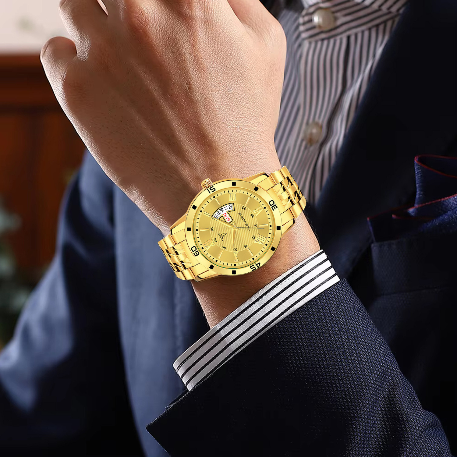 Image of TIMEWORKS 415YYM04 Gold Plated Watch with Day & Date Formal Analog for Men Roman Numerals Dial Analog Watch - For Men
