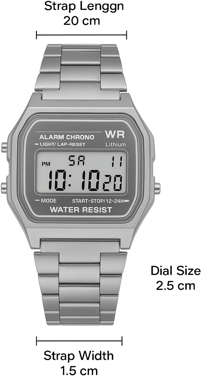 Image of Timofywr silver Digital Watch Waterproof Stainless Strap Stopwatch Alarm Trendy Chain Strap Series Digital Watch - For Men & Women