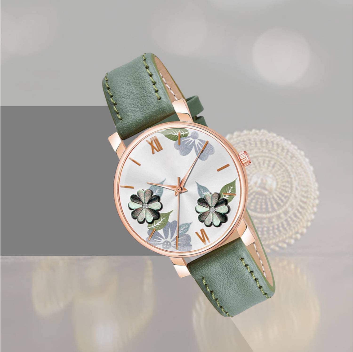 Alkhwatches Elegant Rose-Gold Floral Dial Watch with Soft Leather Strap & Butterfly Accents Analog Watch - For Girls