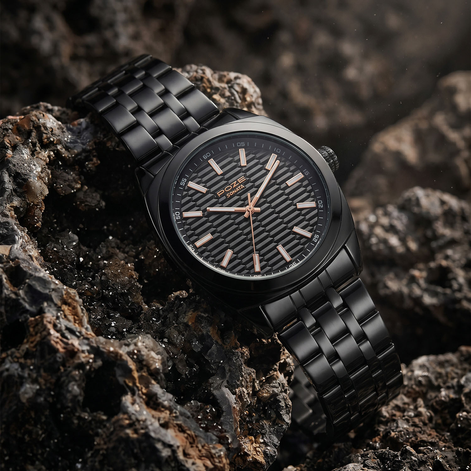 Image of SONATA Poze Drop 9.2 Poze 9 Quartz Black Dial IP Black Sheet Metal Strap Analog Watch - For Men