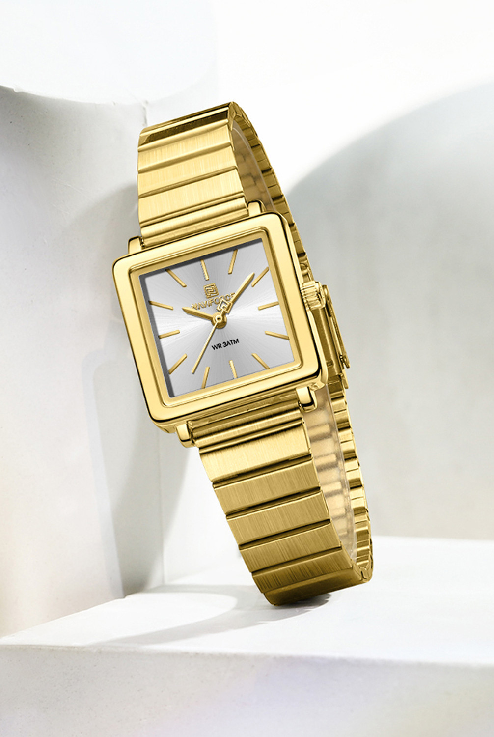 Image of NAVIFORCE NF5048 Modern White sunburst pattern square dial with gold Strap Analog Watch - For Women