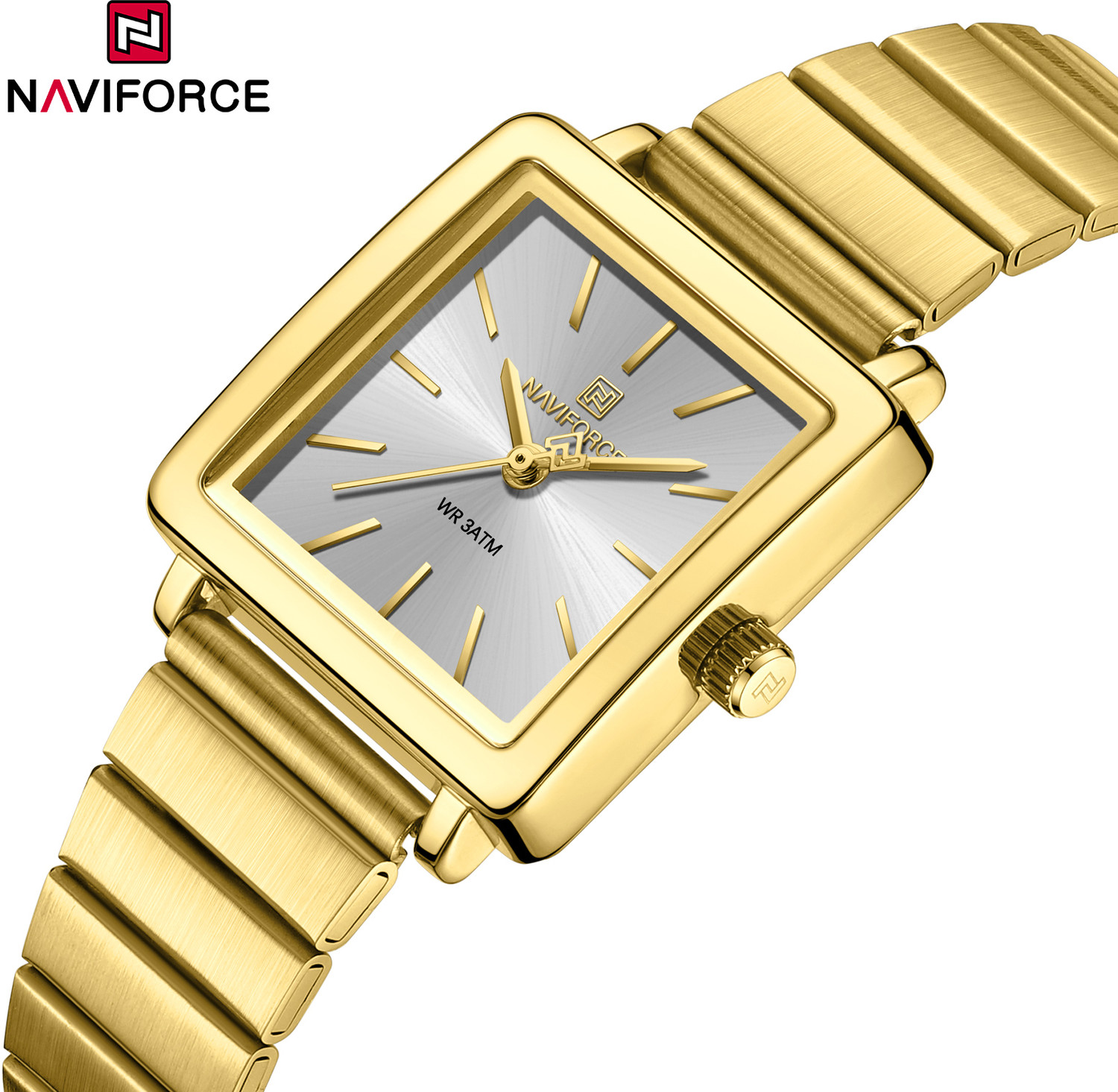 Image of NAVIFORCE NF5048 Modern White sunburst pattern square dial with gold Strap Analog Watch - For Women