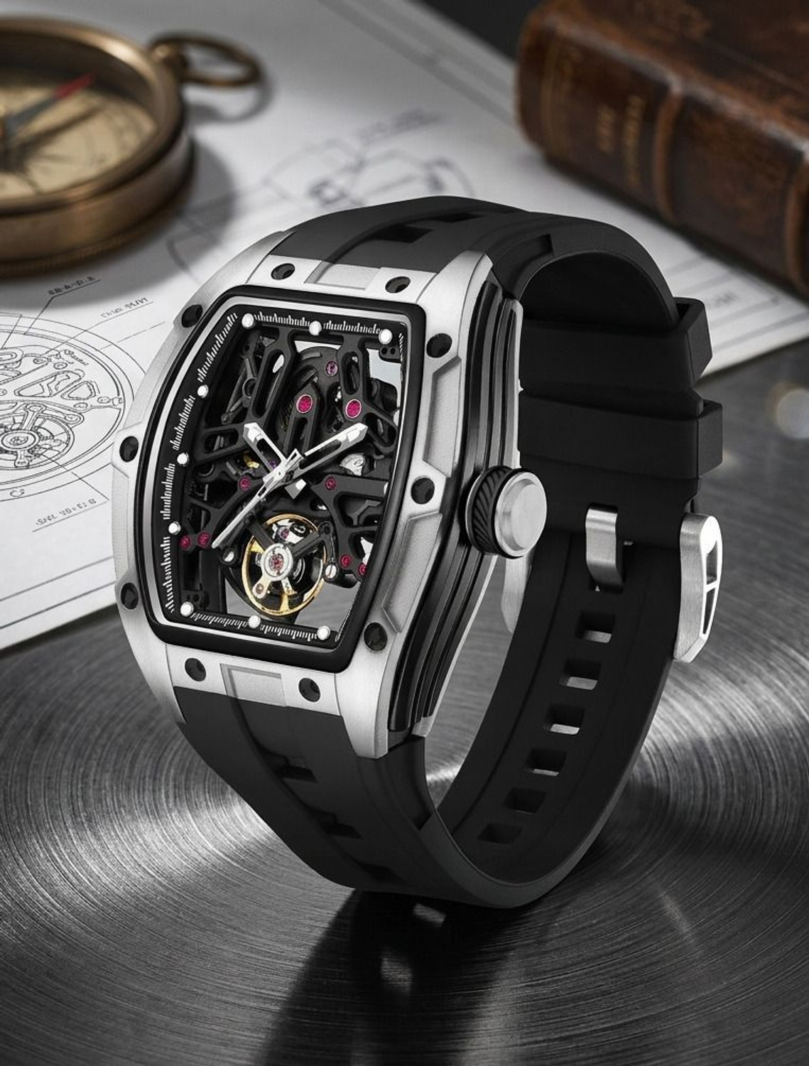 Image of Alix AL2923 Tourbillon Automatic Silver Tonneau skeleton dial with steel case Analog Watch - For Men