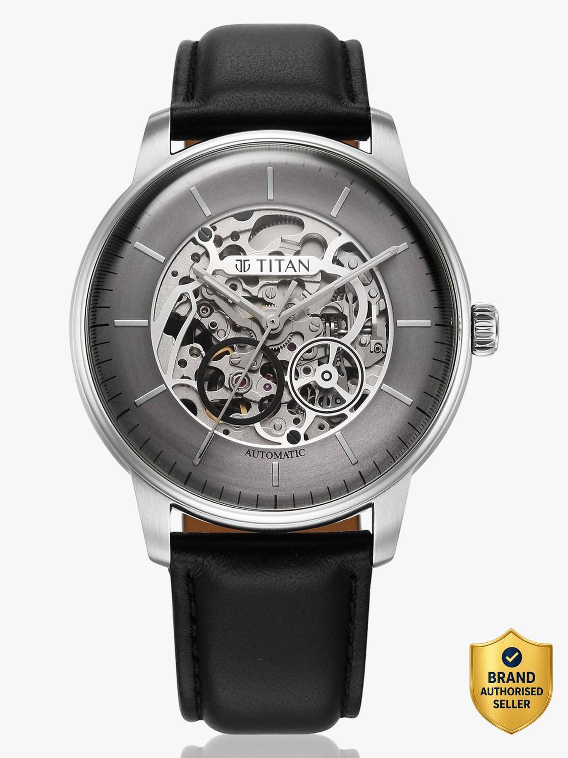 Titan Mechanical Automatic Grey Dial Black Leather Strap Watch - Image 1