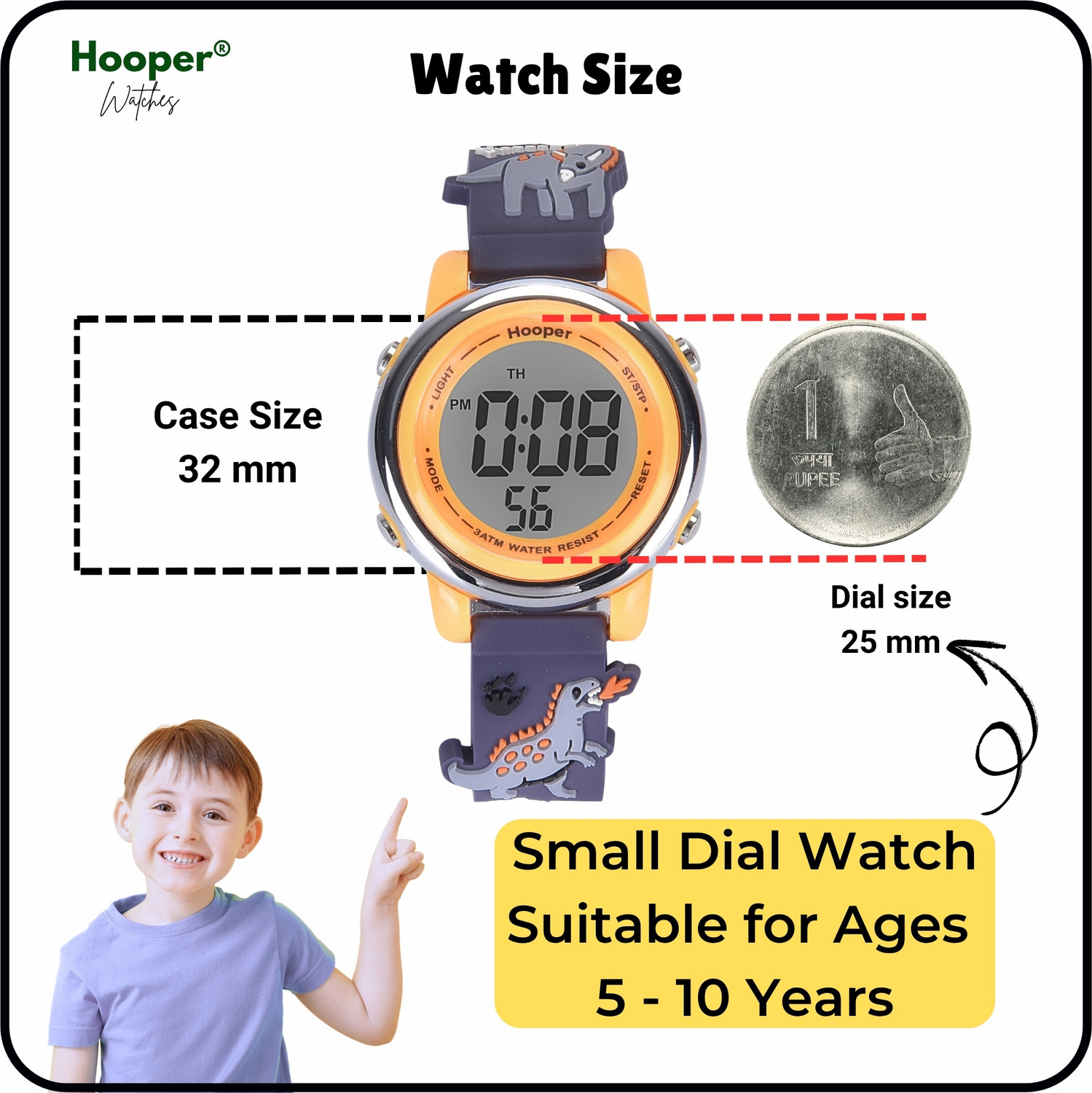 Image of Hooper Dinosaur Grey 3D Hooper 3D Kids Digital Watch, 7‑Color LED, Soft Silicone Strap, Age 5-10 Digital Watch - For Boys