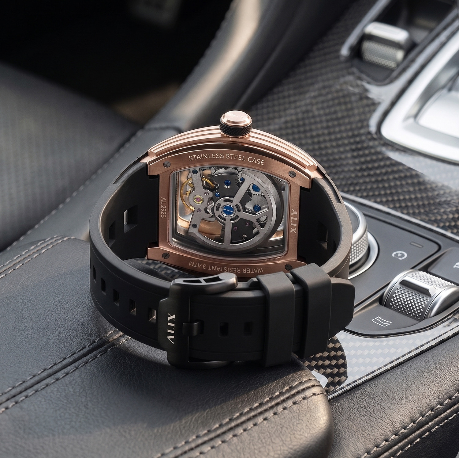 Image of Alix AL2923 Tourbillon Automatic Rosegold Tonneau Analog Watch - For Men