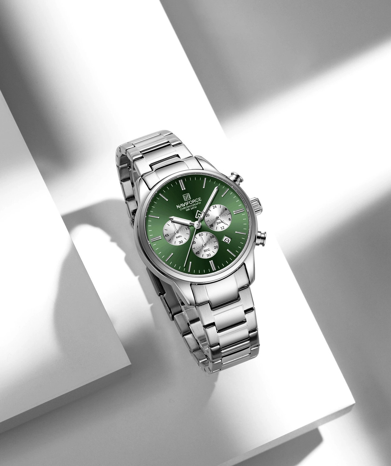 Image of NAVIFORCE NF8076 Classic Silver-Green Multifunctional Date Display Analog Watch - For Men