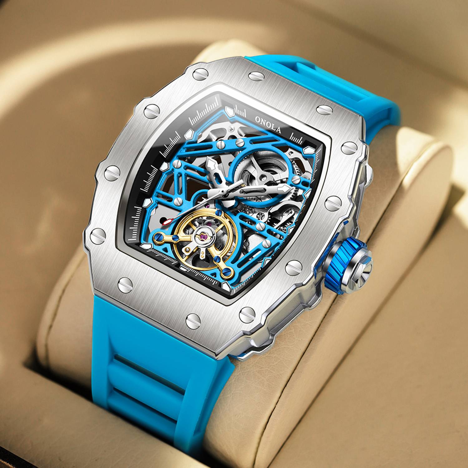 ONOLA Mens Automatic Mechanical Skeleton Dial Watch - Image 3