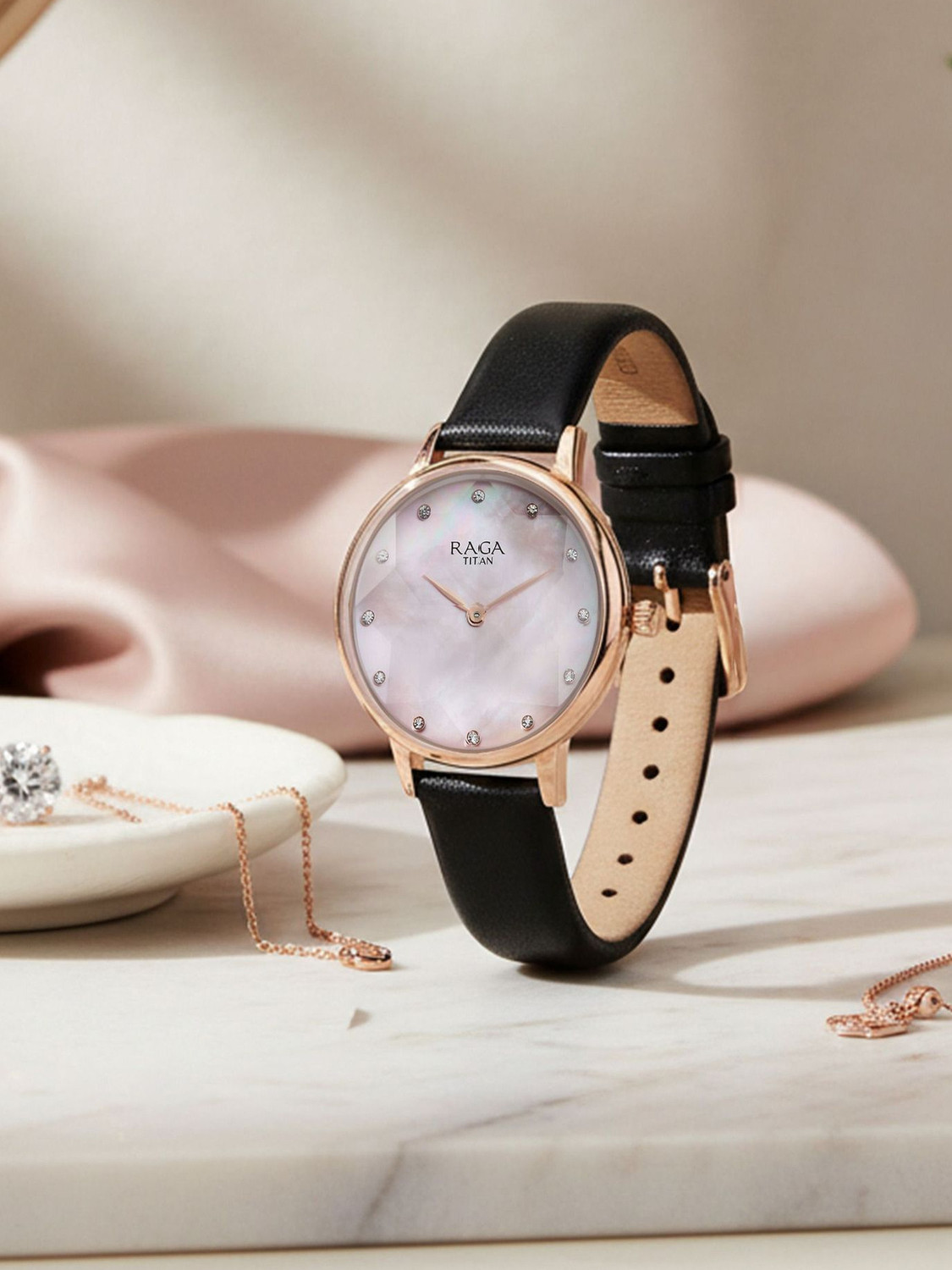 Image of Titan Titan Raga Showstopper Pink MOP Dial Black LeatherStrap Analog Watch - For Women