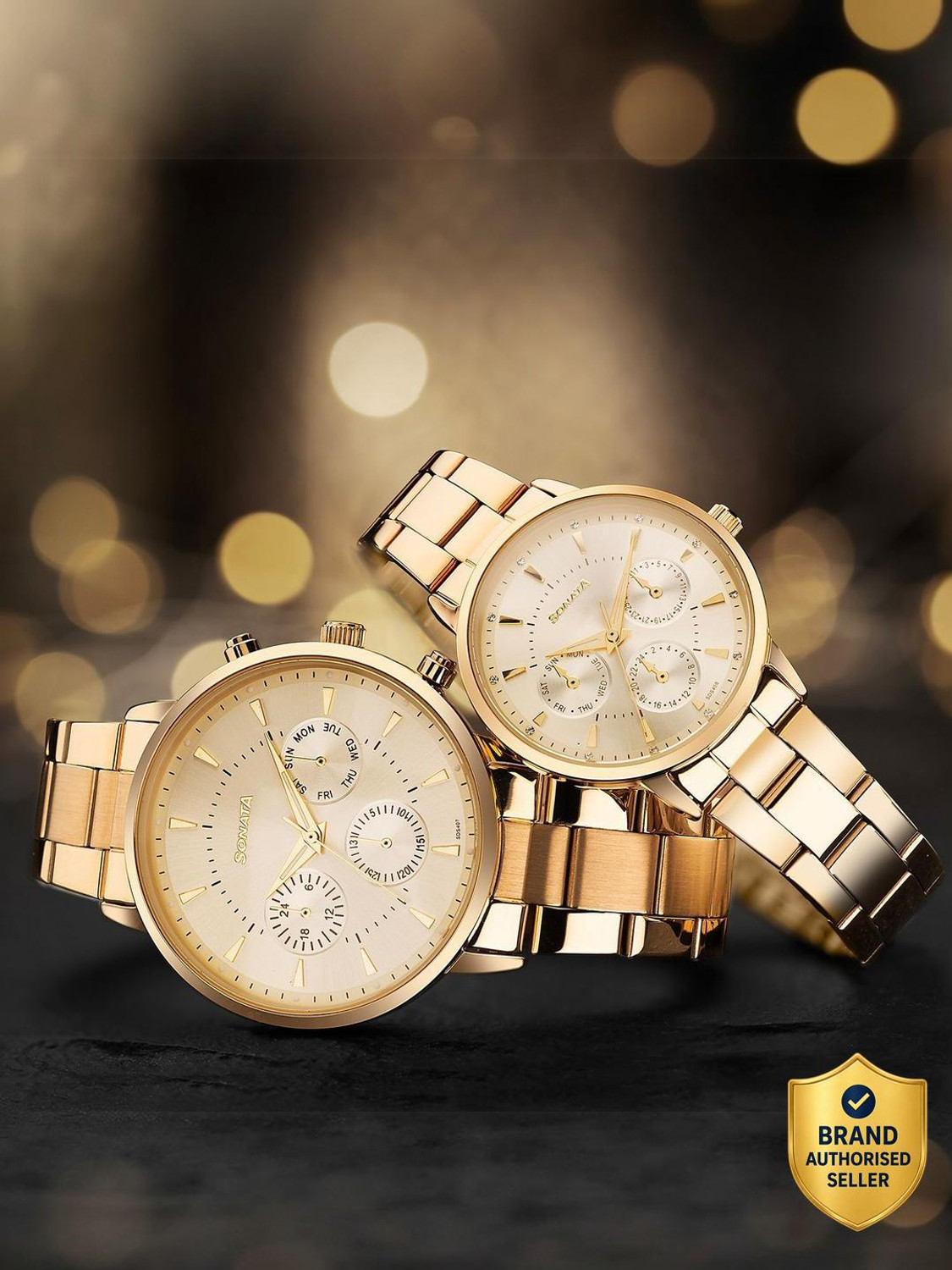 Image of SONATA Perfect Pairs Sonata Perfect Pairs P2 Quartz Gold Round Dial Men and Women Pair Watch / Analog Watch - For Men & Women