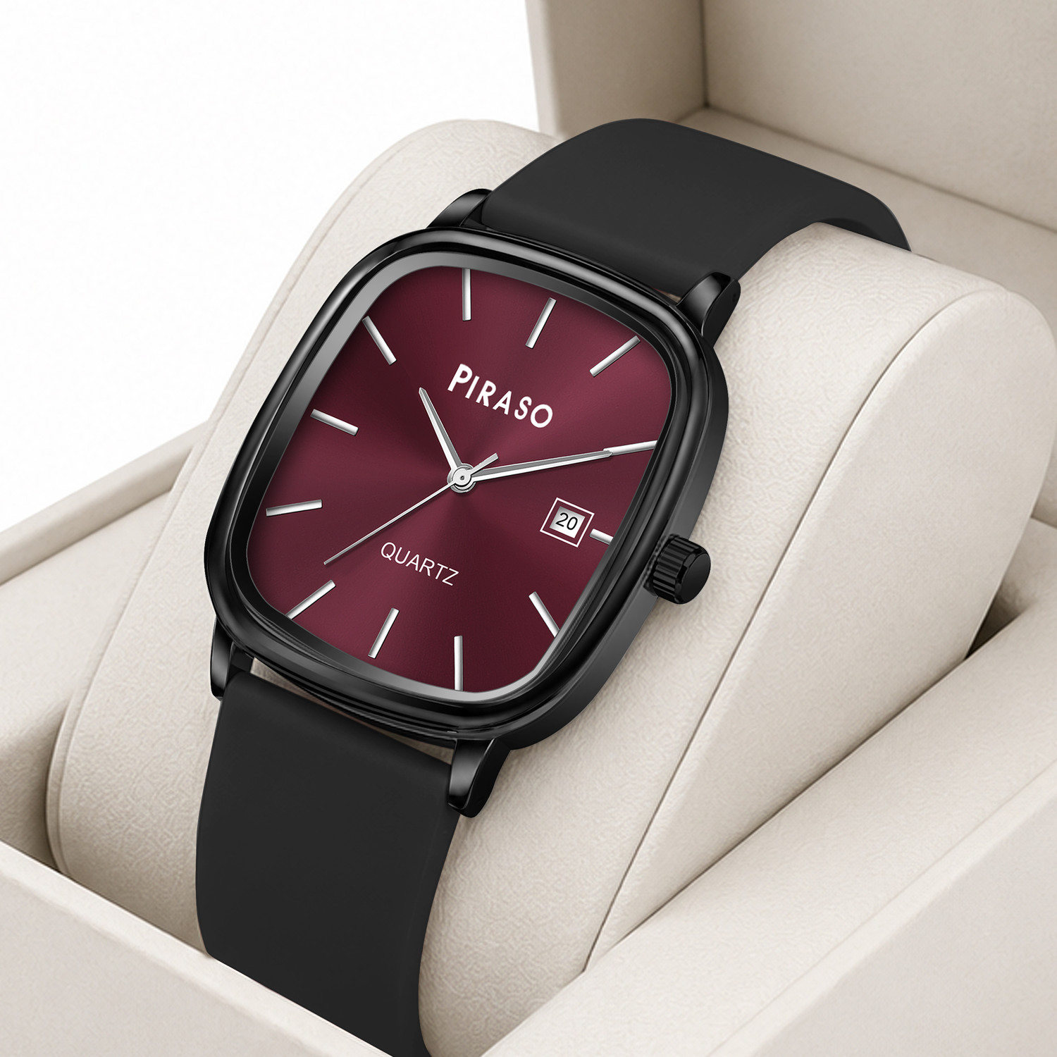 Image of Piraso Square Dial & Stainless Steel Case, Silicone Strap Analog Watch For Men Analog Watch - For Men KCOD 2042 MAROON BLACK