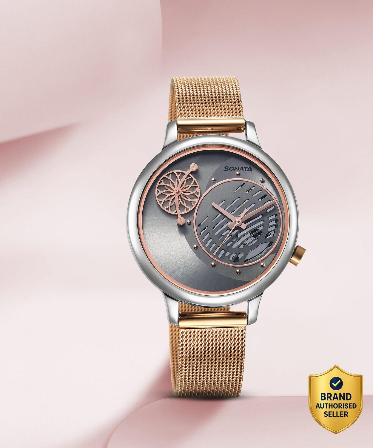 Image of SONATA Unveil- 3.0 Sonata Unveil Anthracite Dial Rose Gold Stainless Steel Strap Analog Watch - For Women