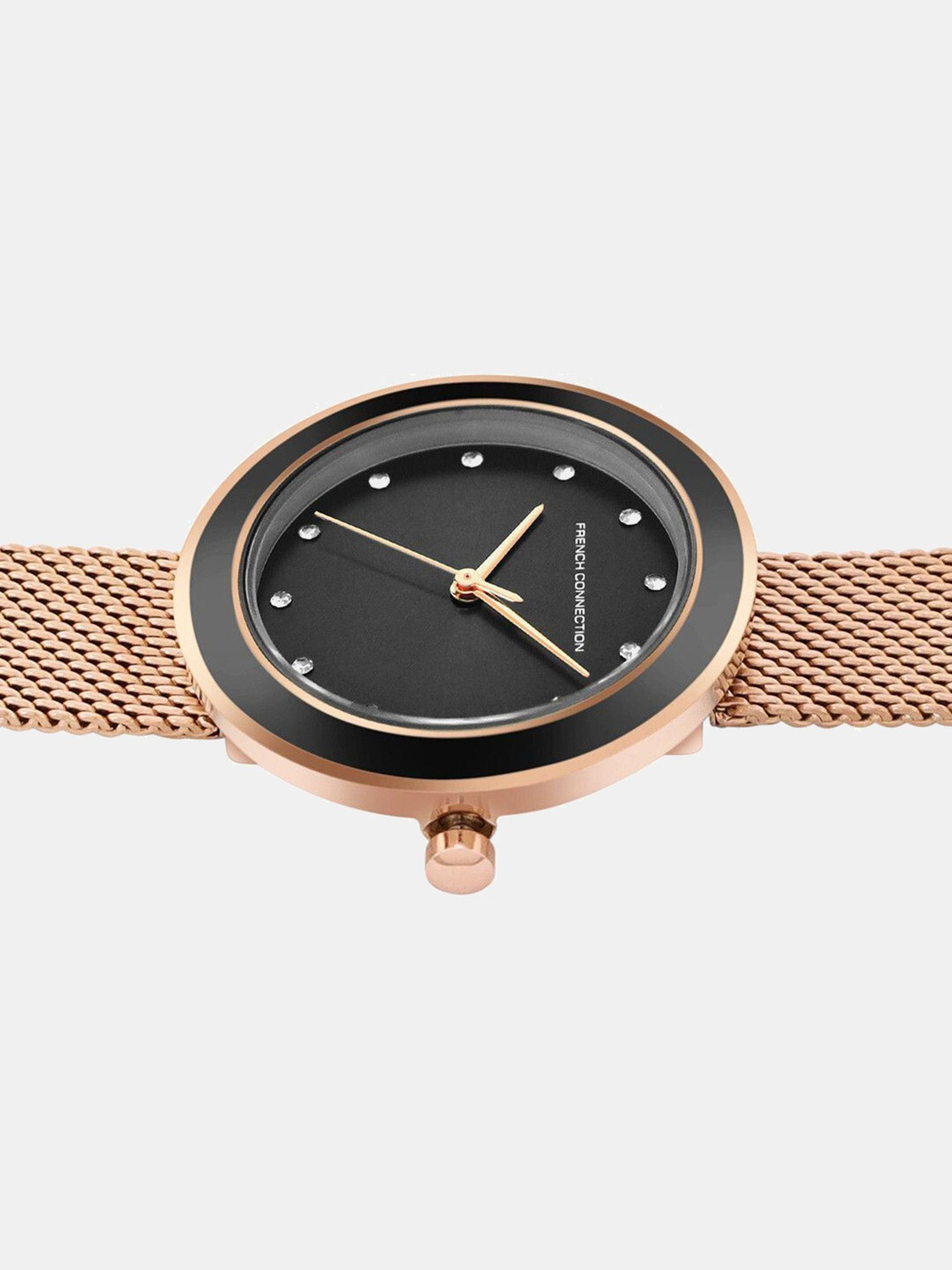 Image of French Connection Rhinestones Black Sunray Round Dial | Women Rose Gold Mesh Strap Analog Watch - For Women