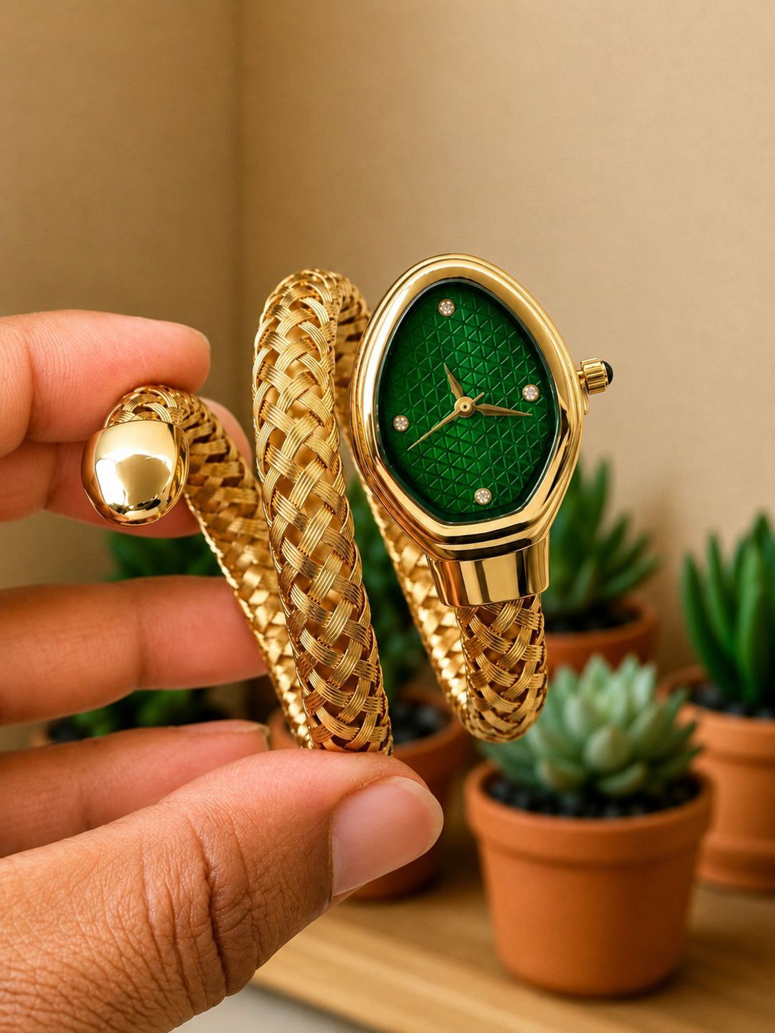 Image of shekaya Green Dial Golden Bracelet Watch for Women Snake Watch Analog Watch - For Women