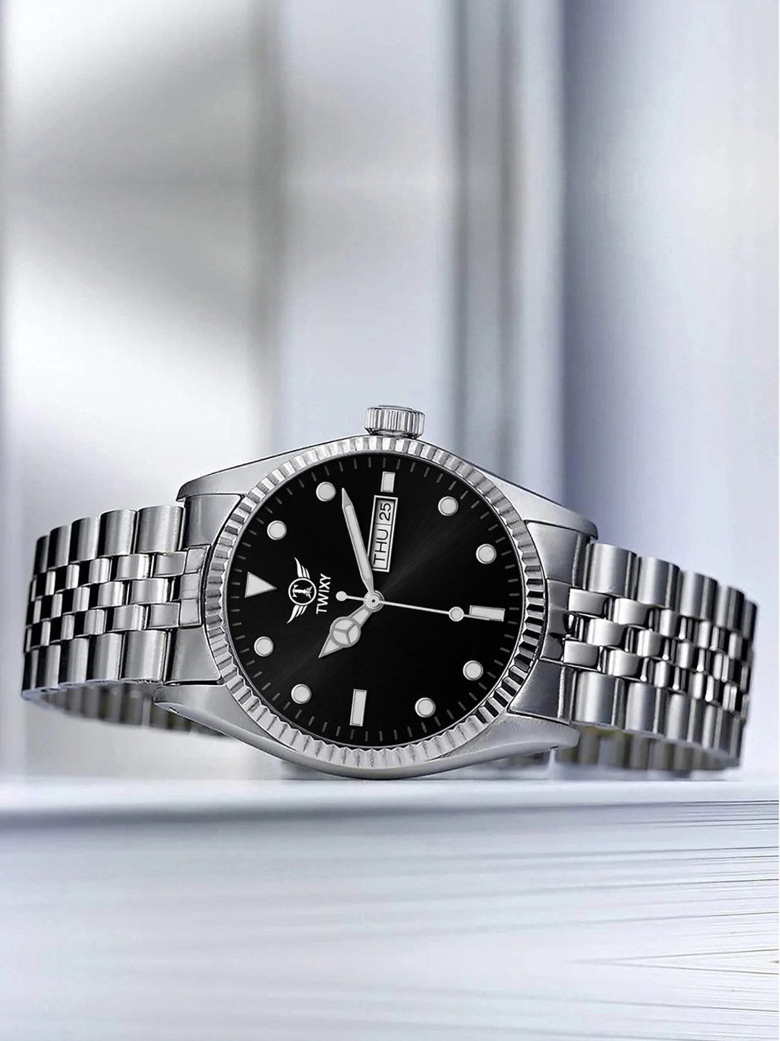 Image of TWIXY TYW-8 Silver-Black TWIXY Sea‑Dweller Series Day-Date Display Function Black Dial Steel Analog Watch - For Men
