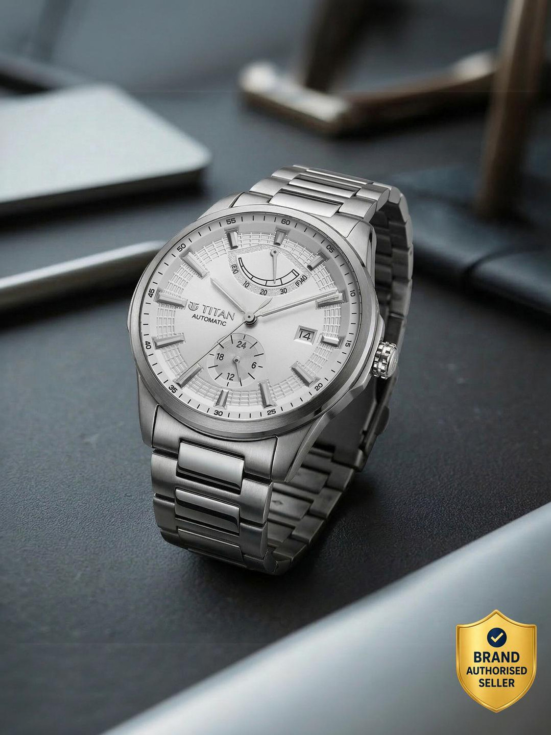 Image of Titan Aion Power Reserve Indicator Aion Concealed Automatic Power Reserve Indicator and White Dial Analog Watch - For Men