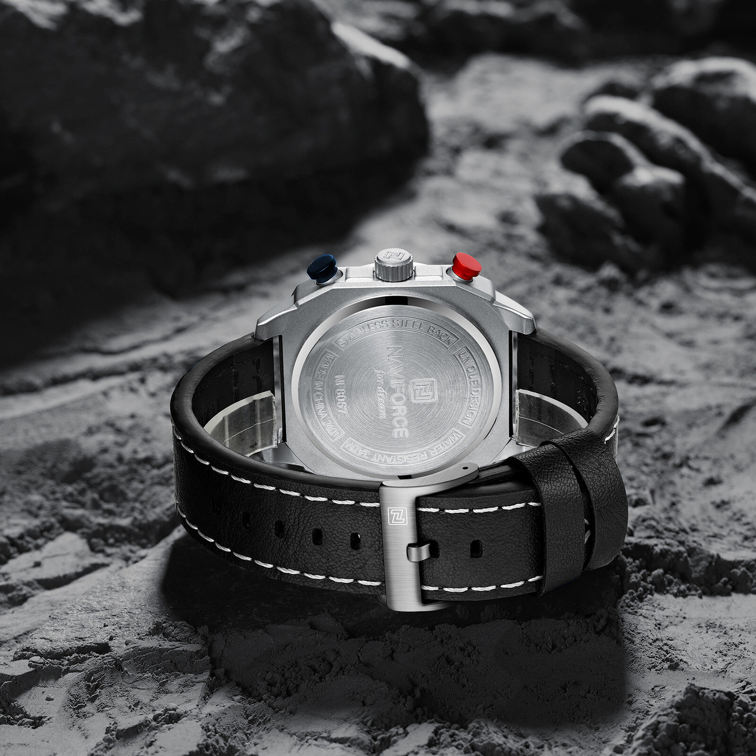 Image of NAVIFORCE NF8057 Silver chronograph dial with black leather strap travel quartz Analog Watch - For Men