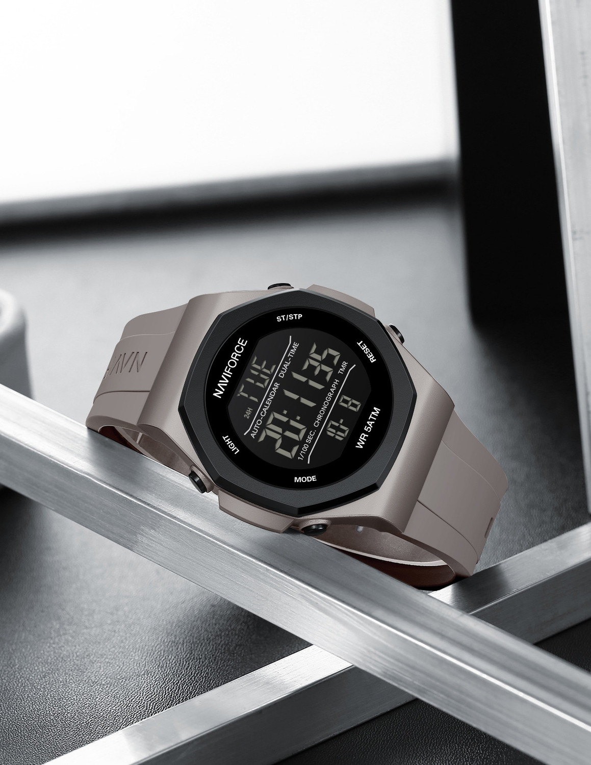 Image of NAVIFORCE NF7117 Classic Beige Siliocn Strap With LCD Display Digital Watch - For Men