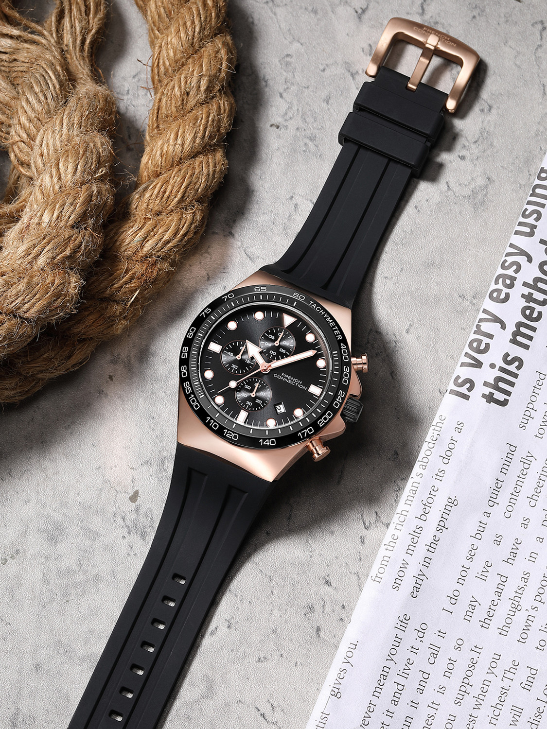 Image of French Connection Black Sunray Round Dial | Black Silicone Chronograph Watch for Men Analog Watch - For Men