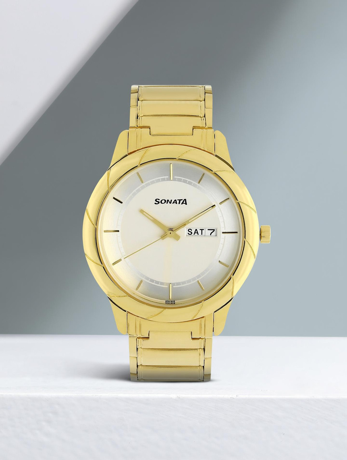 Image of SONATA Sonata Utsav With Day & Date White Dial Gold Stainless Steel Strap Analog Watch - For Men