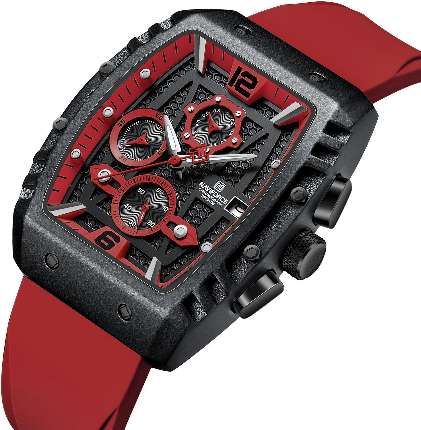Image of NAVIFORC NF8025 Sleek Red And Black Chronograph Dial With Soft Stylish Silicon Strap Analog Watch - For Men