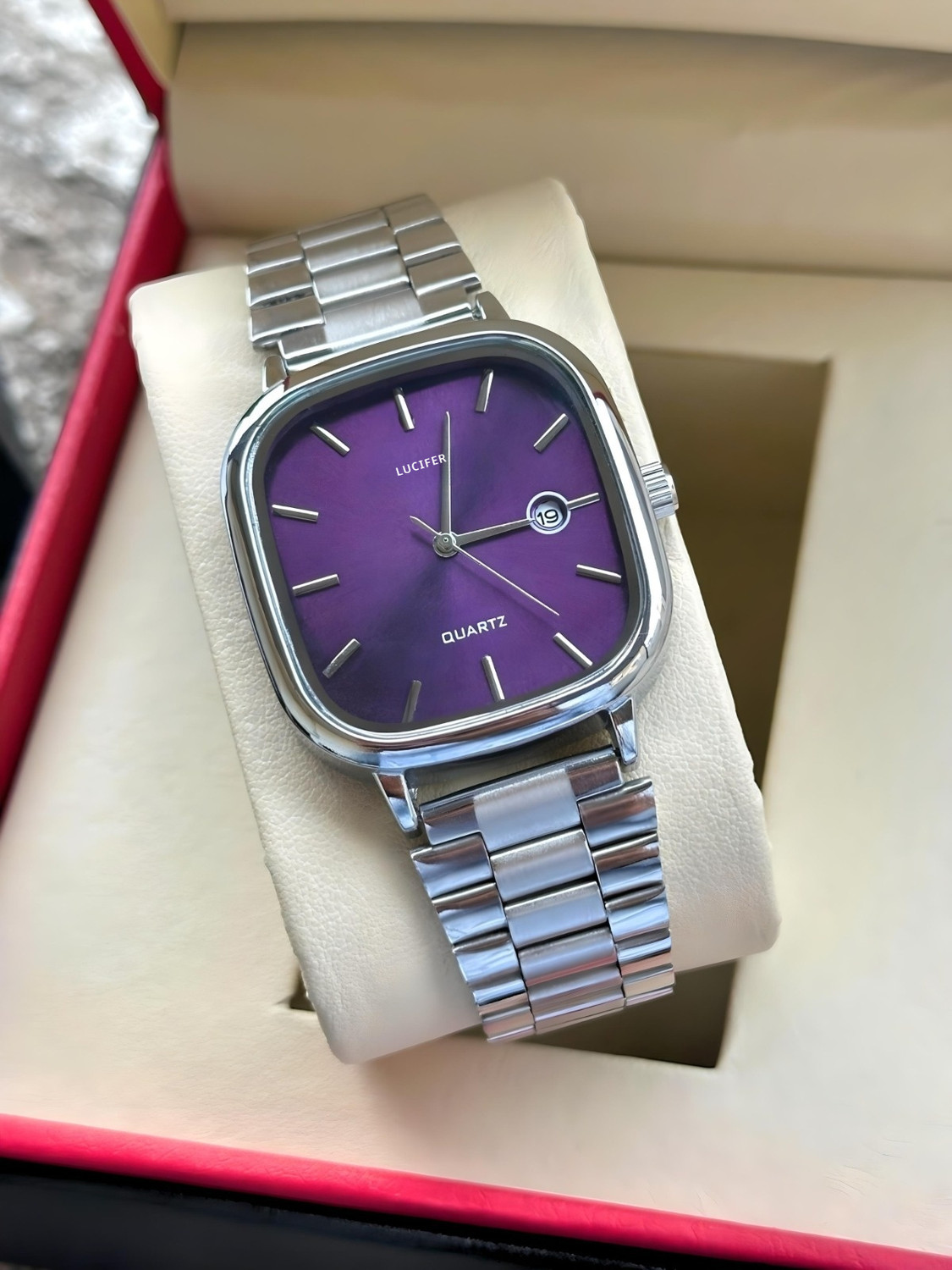 Image of Lucifer AVM31 PURPLE unisex watch Stainless Steel Analog Square Dial Date Display Unisex Premium Wrist Formal Analog Watch - For Men & Women