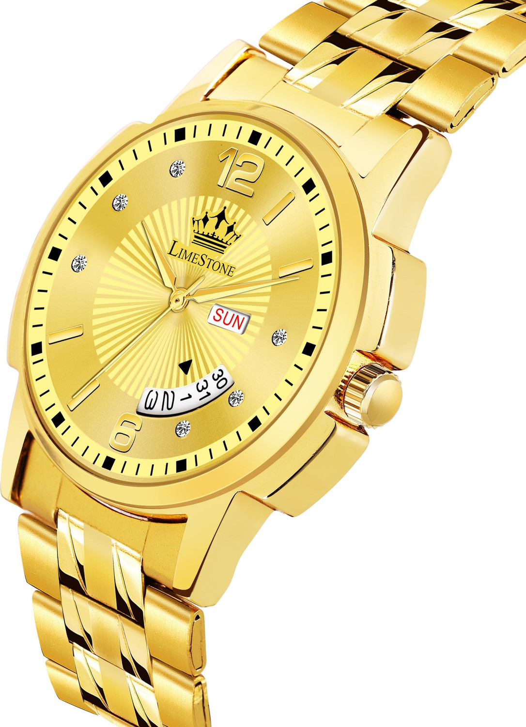 Image of LIMESTONE Day & Date Original HMTS Gold Plated Adjsutable HMTS Bracelet Quartz Analog Watch - For Men