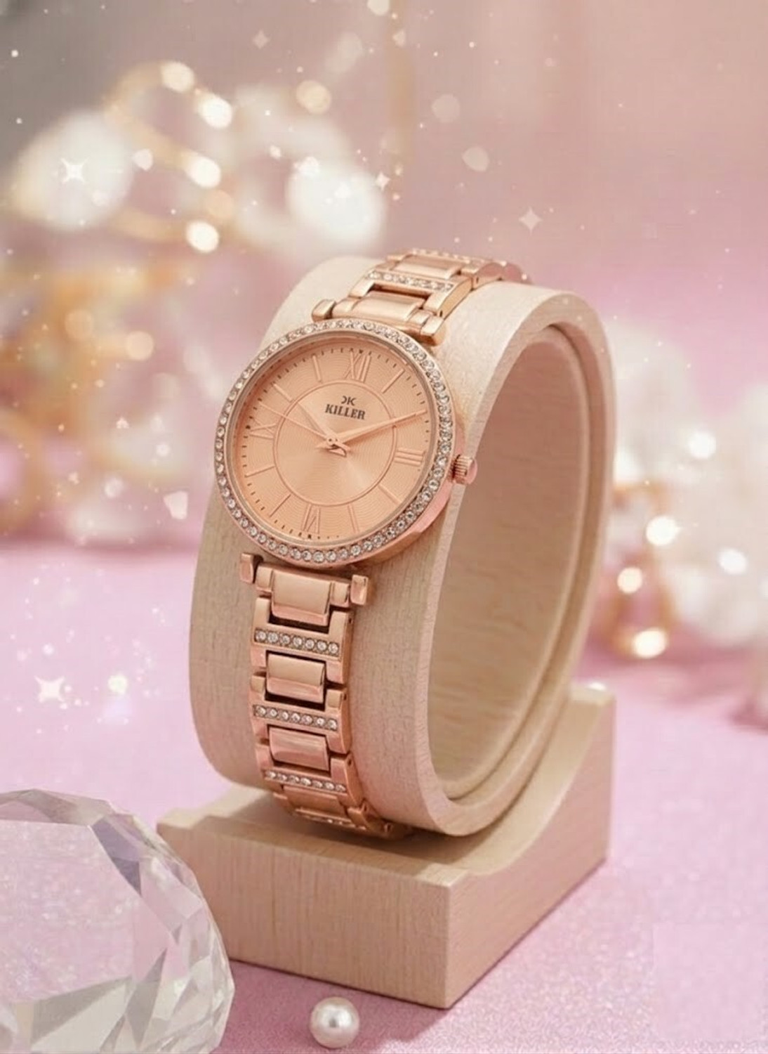 Image of KILLER Killer Rosegold Watch&Bracelet Combo Set KILLER Rose Gold-Toned Stone-Studded Analog Watch with Matching Star Charm Analog Watch - For Women