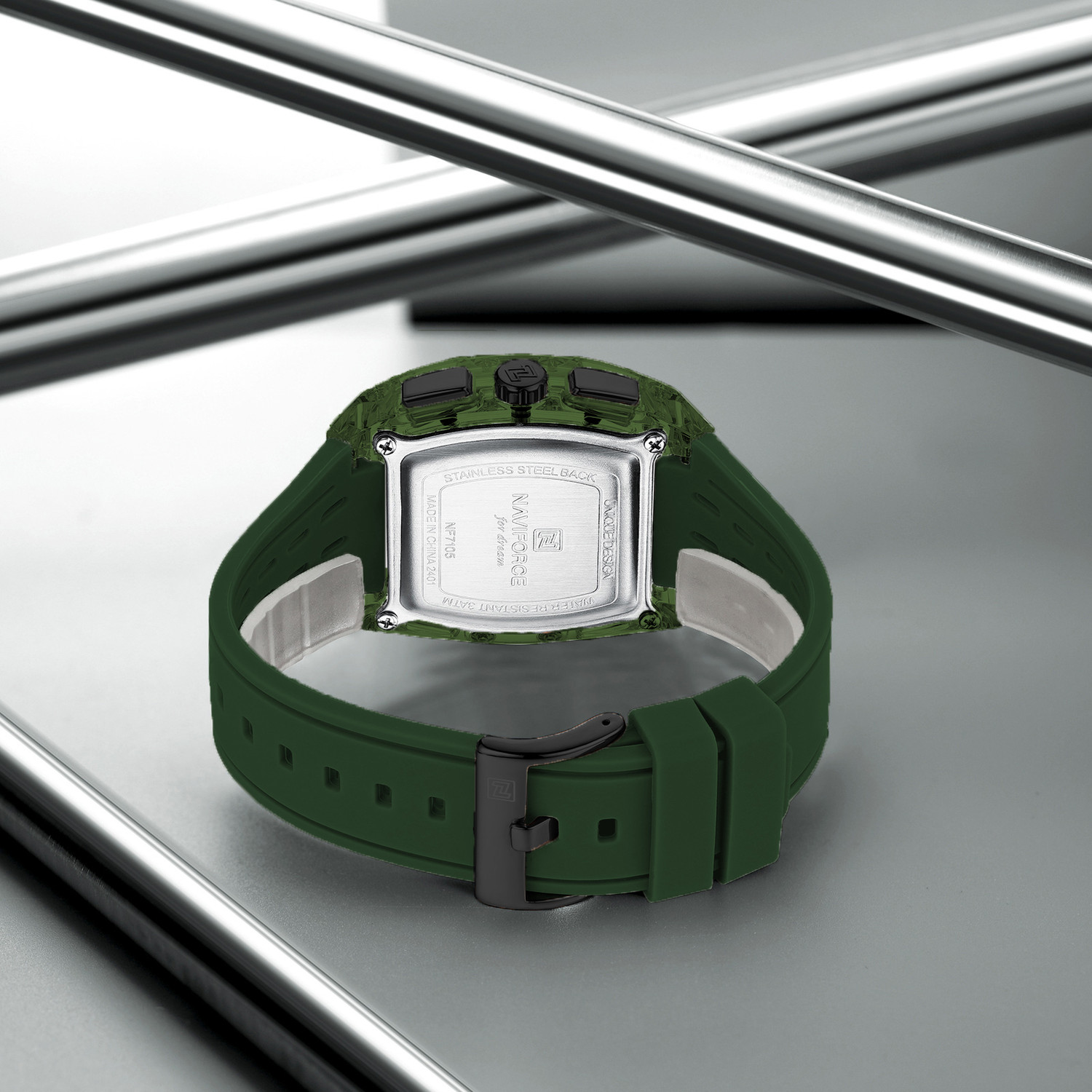 Image of NAVIFORCE NF7105 Distinctive tonneau-shaped case With Green silicone strap Analog Watch - For Men