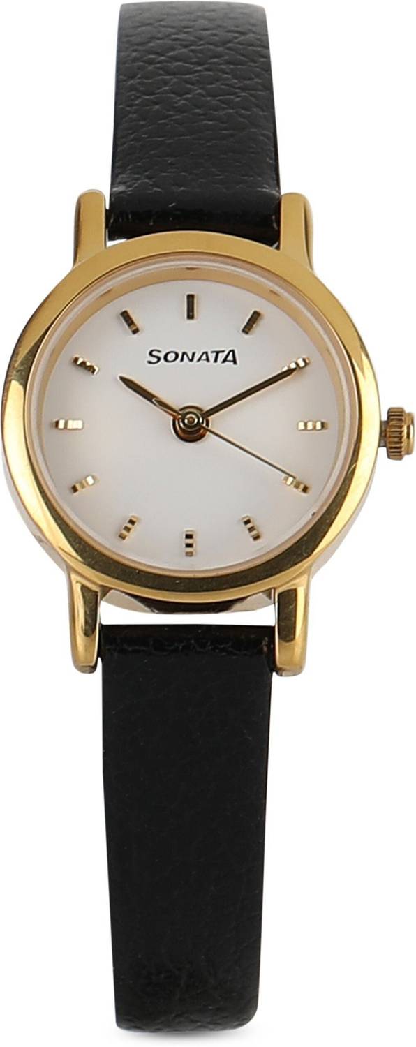 Sonata NP8976YL02W White Dial Black Leather Watch - Image 2