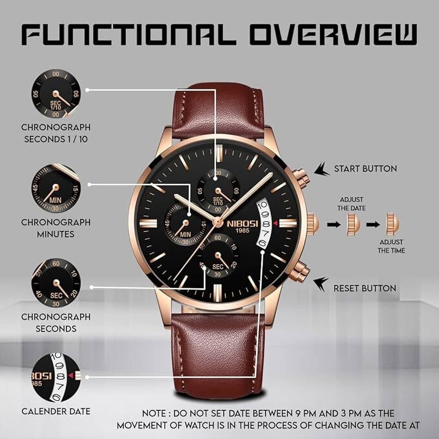 NIBOSI Chronograph Leather Strap Watch for Men - Image 2