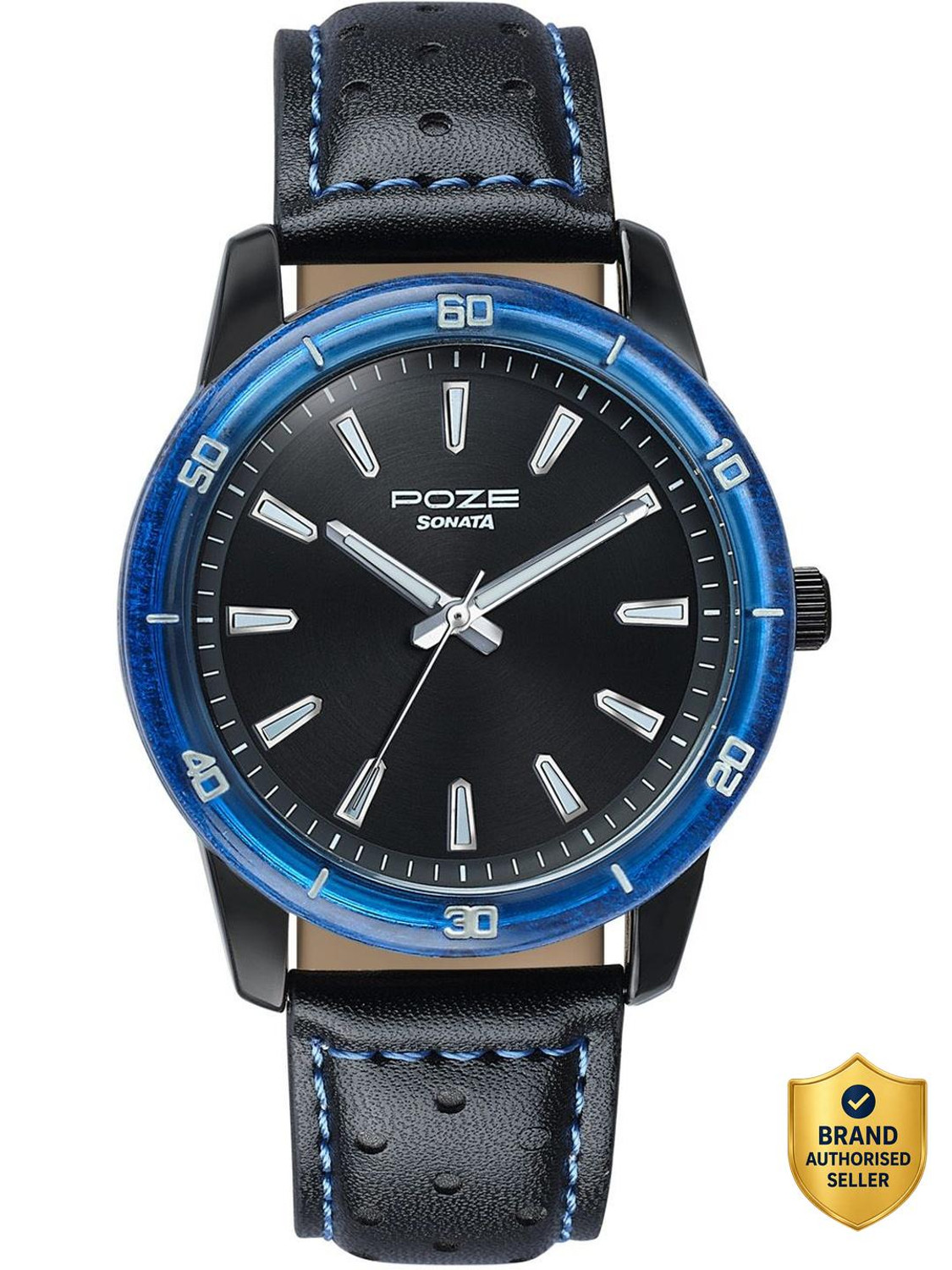 Image of SONATA Poze 7 Sonata Poze 7 Black Dial IP Black + Blue stitch Leather Strap Strap Analog Watch - For Men