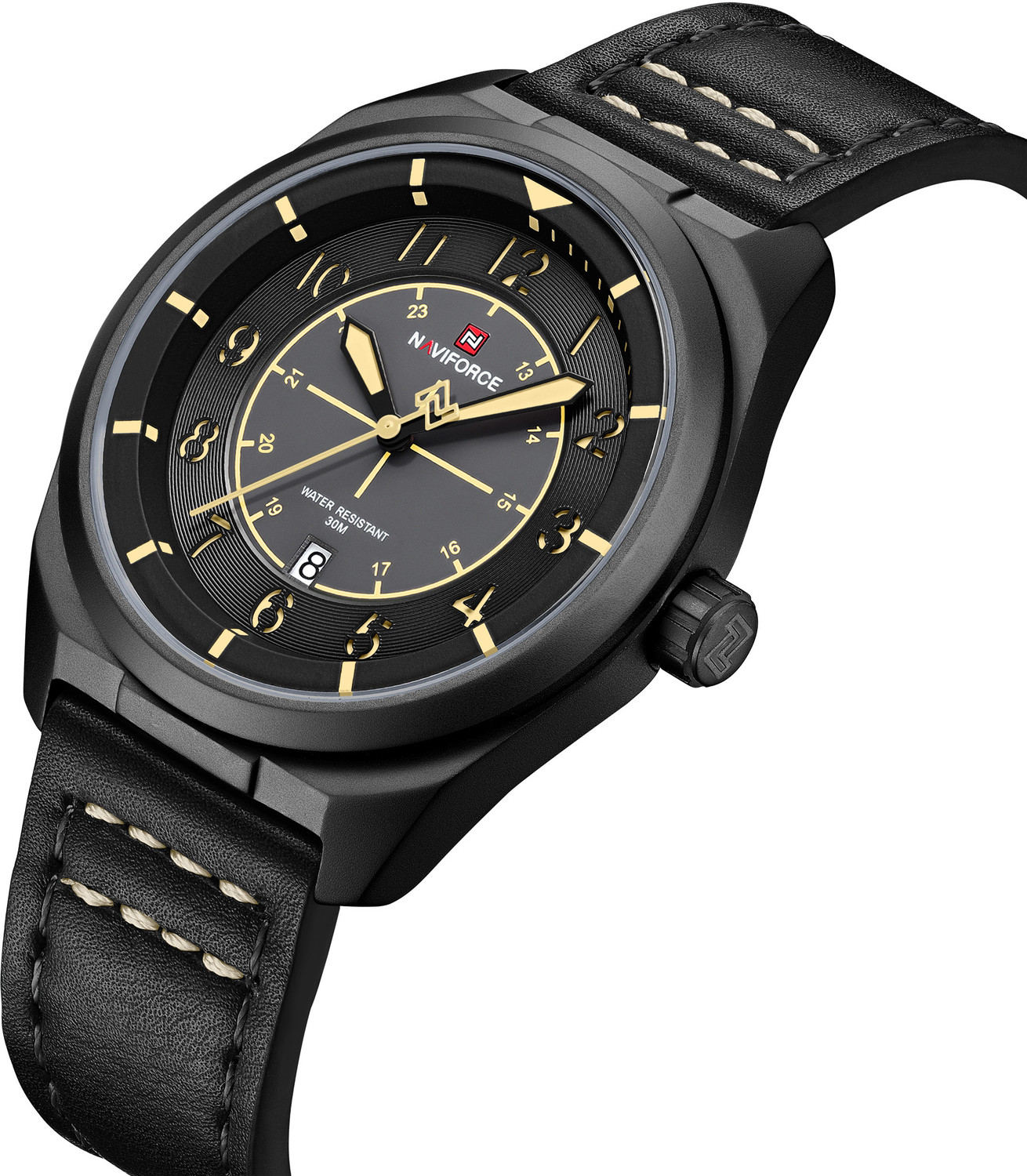 Image of NAVIFORCE Black-Yellow Case With Black Leather strap Analog Watch - For Men