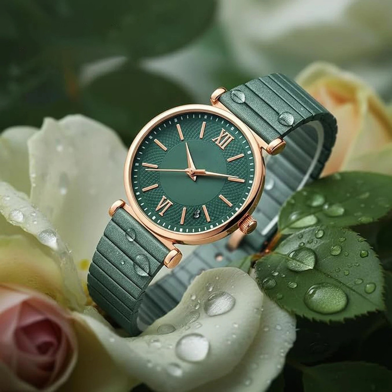 Image of Rixan Green Dial Analog Watch for Women & Girls | Rose Gold Case Analog Watch - For Women Stylish Designer Metal Strap Watch