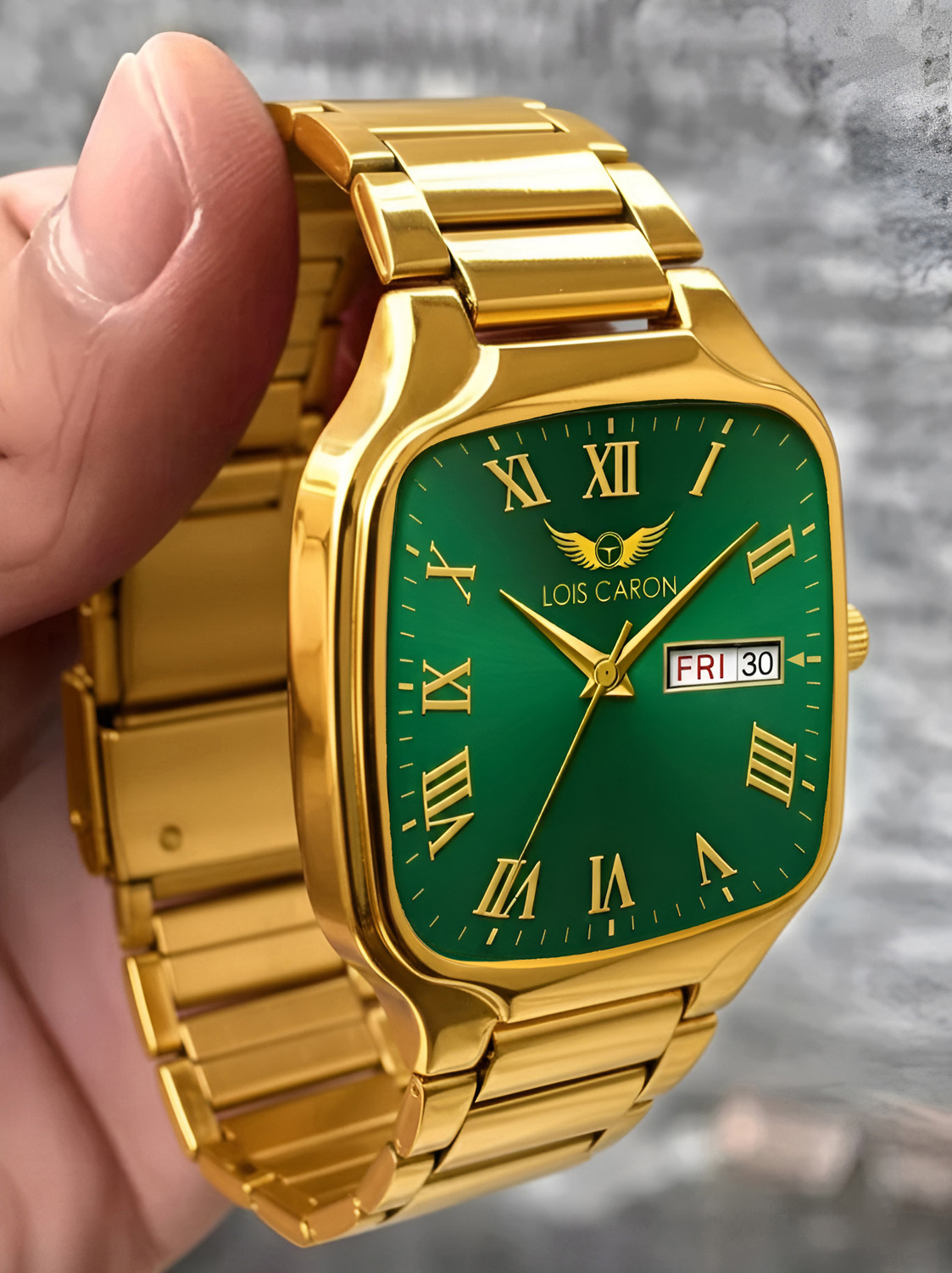 Image of LOIS CARON LCS-8641 Square roman number golden watch || Day & Date Function || elegant wrist watch Analog Watch - For Men